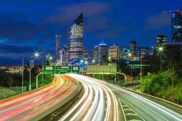 night scene of Brisbane with traffic trails in Queensland, Australia