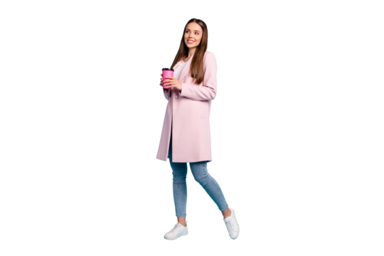 Full length photo of lovely dreamy girl having rest break holding take-out enjoy walk wearing topcoat denim jeans isolated over blue color background