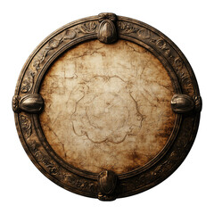 Fototapeta premium An ornate antique shield showcasing intricate detailing and a weathered surface, perfect for historical or fantasy themes.
