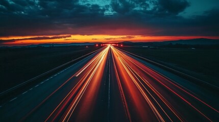 A dramatic perspective of streetlights along a highway at dusk, with their beams cutting through the darkening sky and illuminating the road ahead.