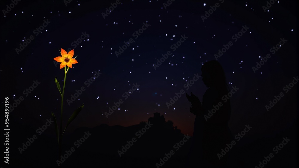 Wall mural the silhouette of a man looks at a lone flower with stars in the background