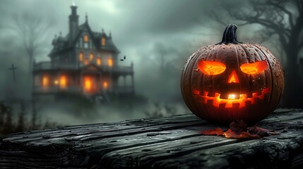A pumpkin carved with a ghostly expression, glowing softly on a wooden table, with a blurred, dimly lit haunted house in the background, soft fog and eerie shadows, haunting Halloween vibe.