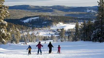 Families enjoying a day of skiing together on a snowy slope in a mountainous area during winter