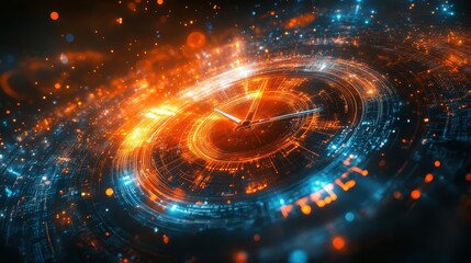 Obraz premium Abstract Clock with Orange and Blue Lights - Time and Technology Concept.