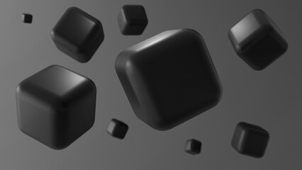 Black background. Volumetric cubes float in air. Dark backdrop. Stylish background for site. Black texture for design. Pattern with flying cubes. Three-dimensional background. 3d image