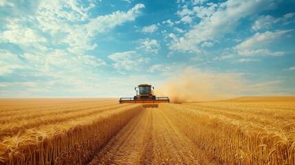 Fototapeta premium Combine harvester in a golden wheat field under a bright sky