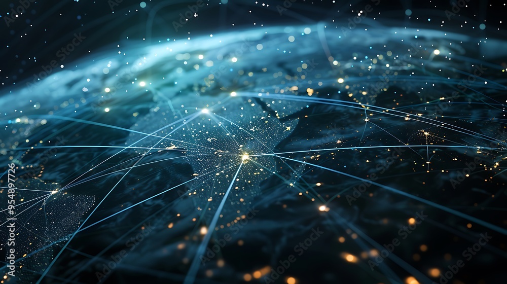 Poster digital illustration of the global network, depicting interconnected lines and nodes representing co