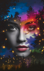 Obraz premium A woman's face illuminated by vibrant, colorful lights in the background, creating a striking visual contrast.