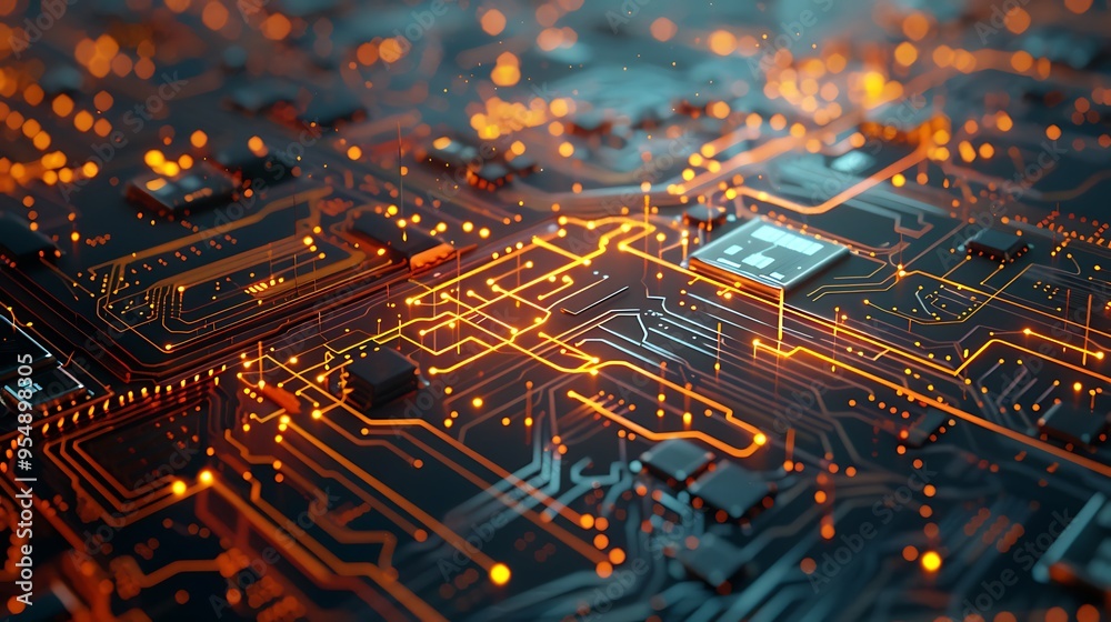 Poster close-up of a circuit board with glowing lines and a processor in the center.