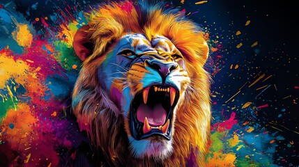 Colorful abstract painting of a roaring lion on a dark background