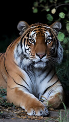Naklejka premium A tiger resting in the dark, its eyes closed, exuding a sense of calm and tranquility in the shadows. 