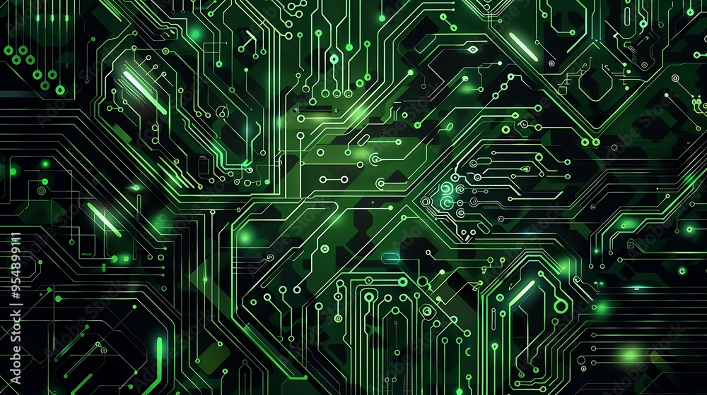 Poster abstract green circuit board background with intricate lines and patterns, showcasing the complex wo