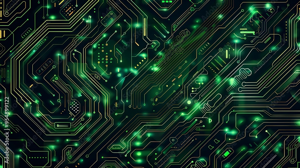 Poster close-up of a circuit board with glowing green lines and intricate patterns, representing the comple