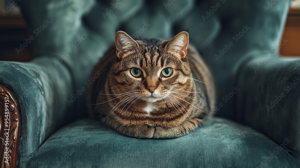 Poster a fat cat perched on a plush armchair, looking directly at the camera with an inquisitive expression