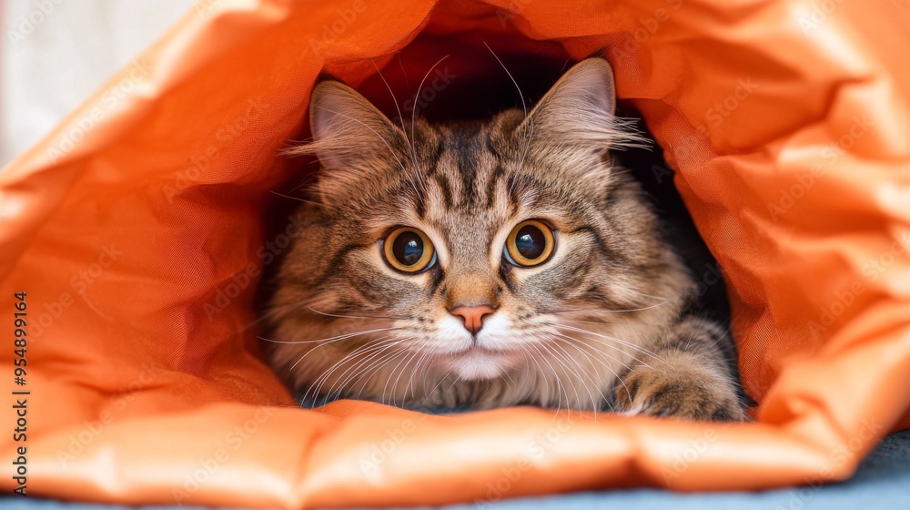 Poster a fat cat playing hide-and-seek with a crinkle tunnel, its head poking out curiously, in a fun and e