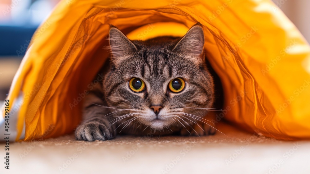 Aufkleber a fat cat playing hide-and-seek with a crinkle tunnel, its head poking out curiously, in a fun and e
