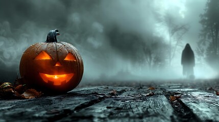 A pumpkin on a rustic table shrouded in fog, with a blurred background of a ghostly figure emerging from the mist, soft light creating haunting shadows, dark and mysterious Halloween night.