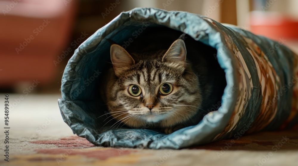 Poster a fat cat playing hide-and-seek with a crinkle tunnel, its head poking out curiously, in a fun and e