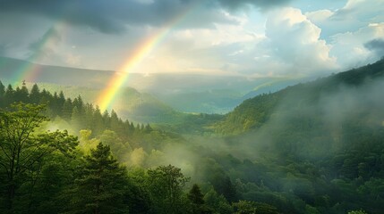 A rainbow is seen in the sky above a forest