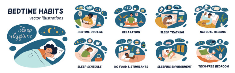 Sleep hygiene vector illustration set. Bedtime habits collection, relaxation tips, healthy night routines. Flat cartoon people in cozy bedrooms. Sleeping environment, organic bedding materials