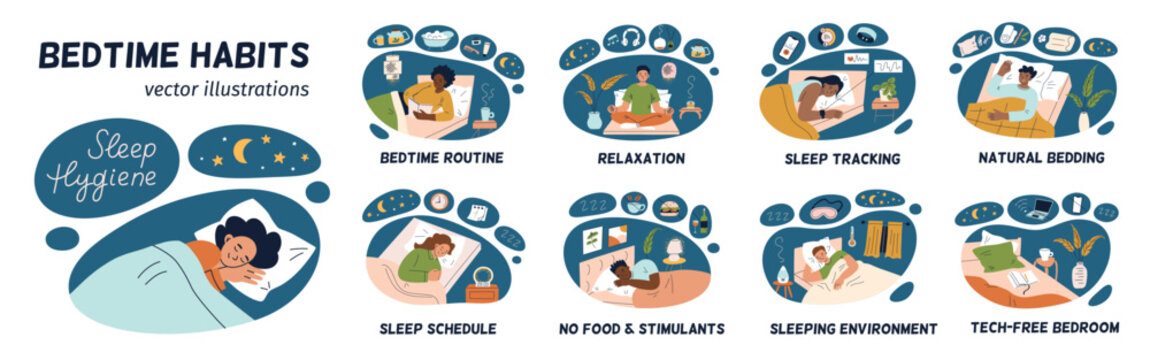 Sleep hygiene vector illustration set. Bedtime habits collection, relaxation tips, healthy night routines. Flat cartoon people in cozy bedrooms. Sleeping environment, organic bedding materials