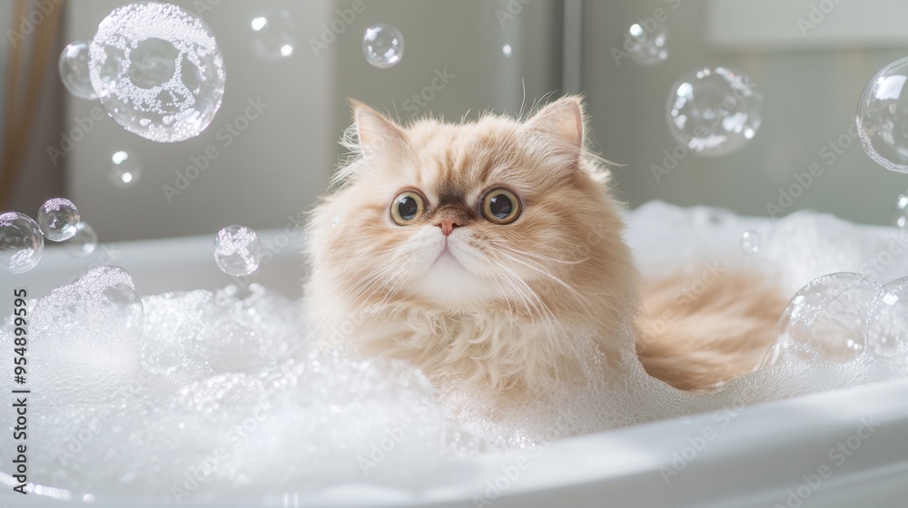 Poster A fat cat sitting in a bathtub filled with bubbles, looking around with wide eyes, creating a humorous and cute scene.