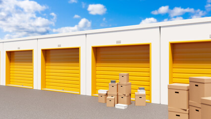 Self storage units. Outdoor warehouse rooms. Self storage units with orange roller shutters. Closed warehouse garages. Storerooms for storing goods. Box at entrance to self storage. 3d image