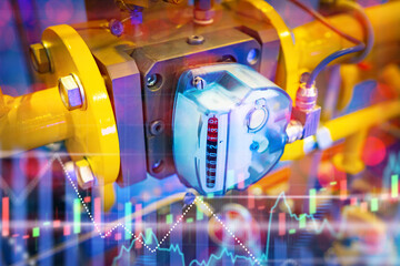 Gas equipment. Pressure meter on yellow pipe. Charts near gas infrastructure. Fuel supply...