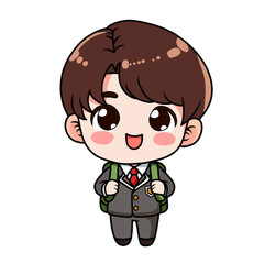 illustration of a cute chibi cartoon student boy wearing backpack