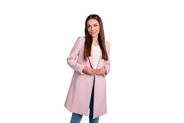 Portrait of pretty lady enjoy warm weather wear pastel color demi-season coat and jeans isolated over blue background