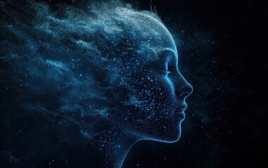 Abstract Profile of a Person Made of Blue Glowing Particles on Black Background.