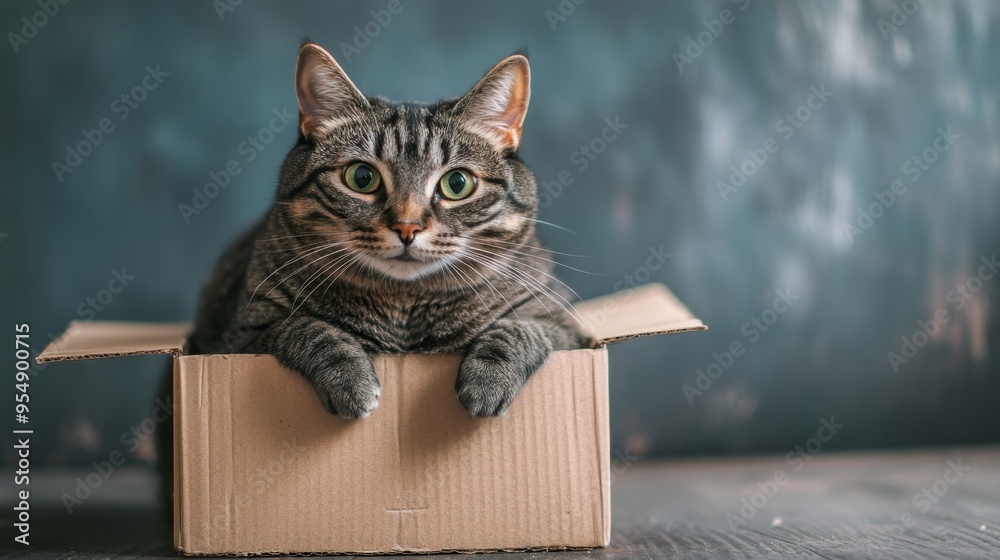 Poster a fat gray tabby cat sitting in a small cardboard box, clearly too big for it, with a playful expres