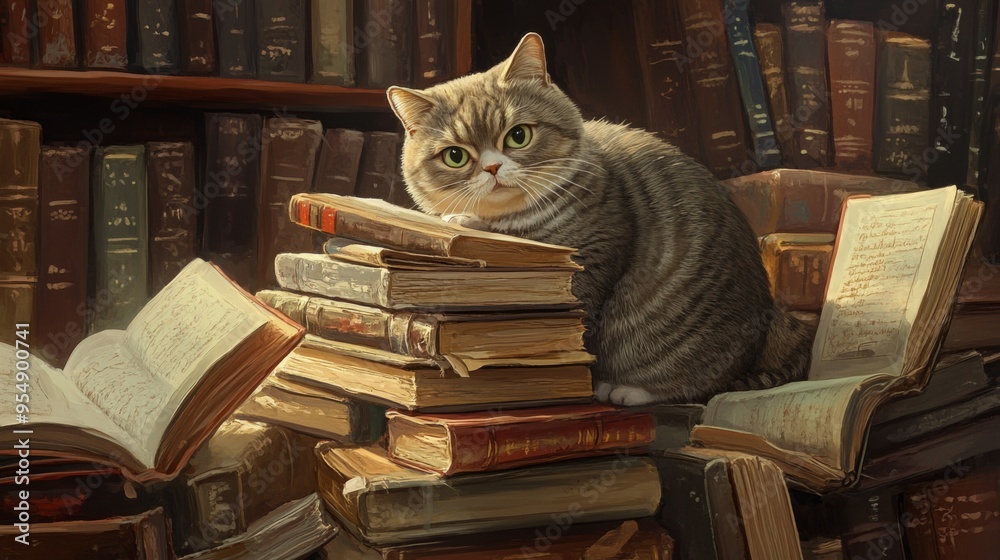 Poster a fat cat curiously exploring a pile of books on a shelf, embodying the curious nature of felines.