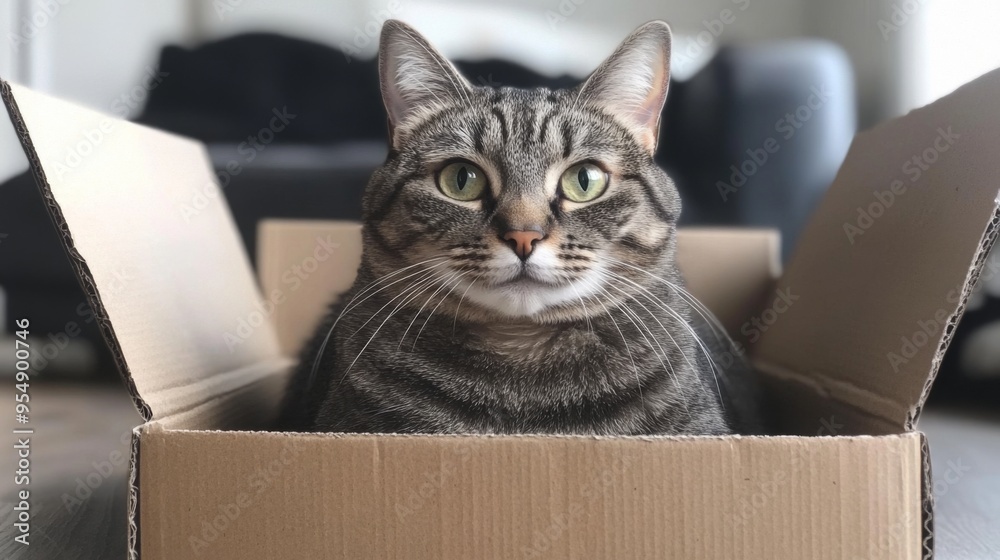Poster a fat gray tabby cat sitting in a small cardboard box, clearly too big for it, with a playful expres