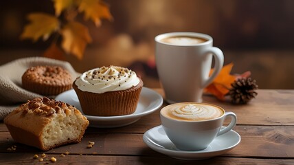 Latte on a Table with Baked Goods on the Side, Cozy Autumn Season Scene