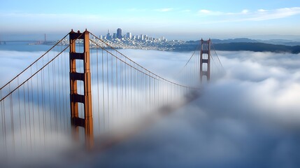 Fototapeta premium 141. **Show the Golden Gate Bridge with a foggy morning sky and the San Francisco skyline partially visible.**