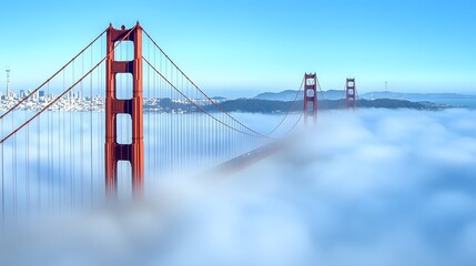 141. **Show the Golden Gate Bridge with a foggy morning sky and the San Francisco skyline partially visible.**