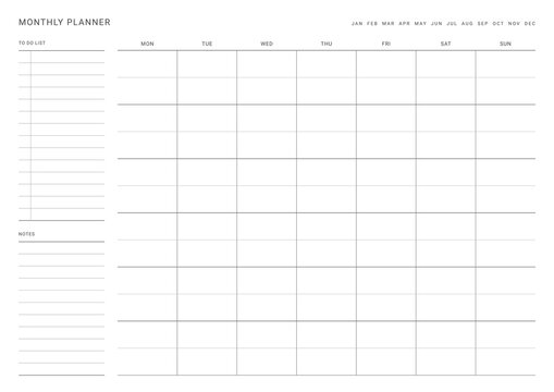 A monthly plan template with a simple and minimal style. Note, scheduler, diary, calendar planner document template illustration.