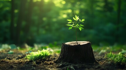 A small tree growing from the top of an old, cut-down stump in a forest clearing, symbolizing new life and growth