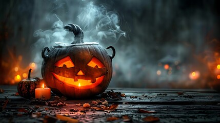 A pumpkin sitting on a wooden table, with a blurred cauldron in the background, steam rising and soft, eerie light casting shadows, dark and magical Halloween night scene. --ar 16:9 --v 6.