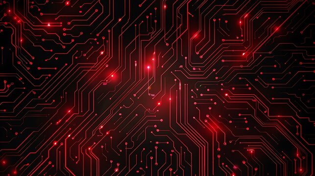 Abstract digital background with red circuit board design representing technology innovation for futuristic data network system and electronic communication concept.