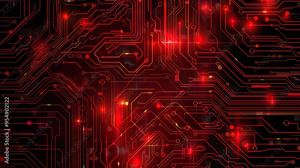 Poster abstract red circuit board background with glowing lines and patterns. the image depicts a technolog