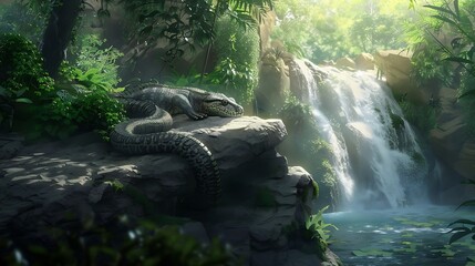 Titanoboa basking in the sunlight on a large rock by a waterfall with its scales reflecting the light beautifully The surrounding jungle is lush and green creating a serene yet intimidating atmosphere