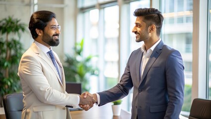 Professional Handshake Between Indian Businessmen - Two Indian businessmen shaking hands in a high-end office conference room.