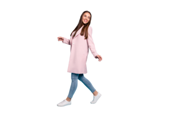 Full body profile photo of amazing lady in good mood going shopping wear demi-season coat and jeans isolated blue background