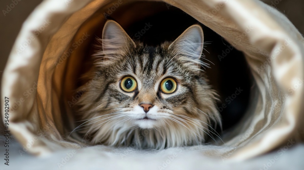 Poster a fluffy cat peering out from a cat tunnel, its eyes sparkling with playful mischief.