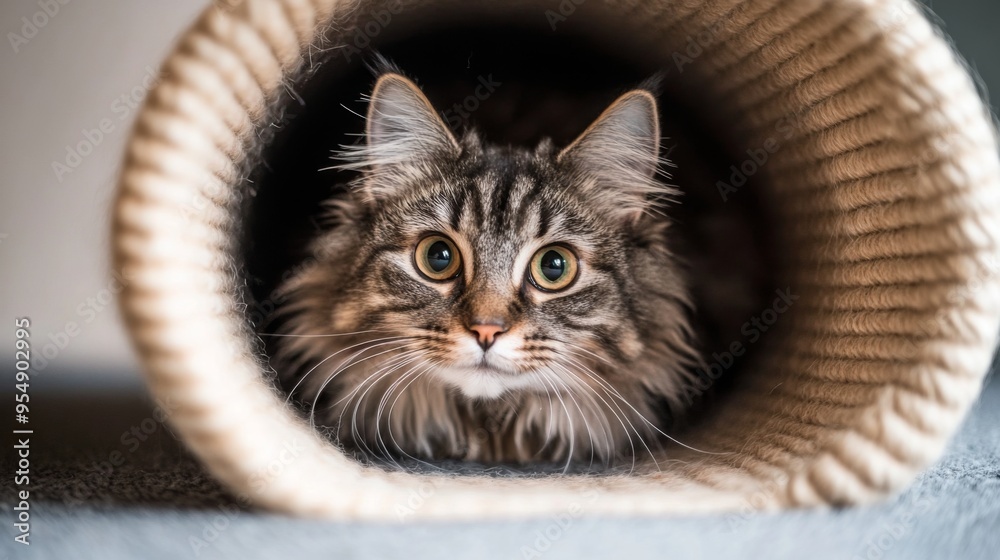 Poster a fluffy cat peering out from a cat tunnel, its eyes sparkling with playful mischief.