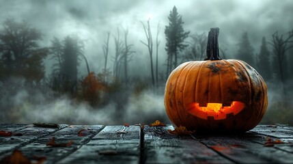 A single pumpkin on a rustic wooden table, with a blurred background of a dark, eerie forest, soft mist hanging in the air, cold moonlight casting long shadows, mysterious and lonely Halloween scene.