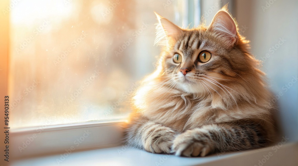 Poster a fluffy cat sitting on a windowsill, gazing out at the world with a serene expression, bathed in so