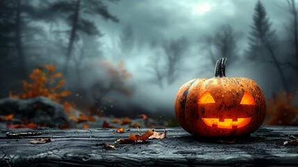 A single pumpkin resting on a rustic wooden table, with a blurred background of a dark, foggy forest, cold moonlight casting eerie shadows, quiet and lonely Halloween night. --ar 16:9 --v 6.